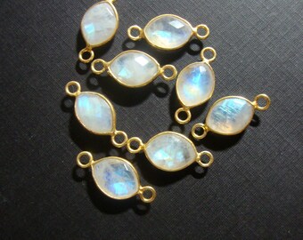 2 pcs, 20mm, 8x11mm stone, Faceted Moonstone Gold Vermeil Bezel Rim Tiny Leaf Connector, Small Marquise, June Birthstone, 06