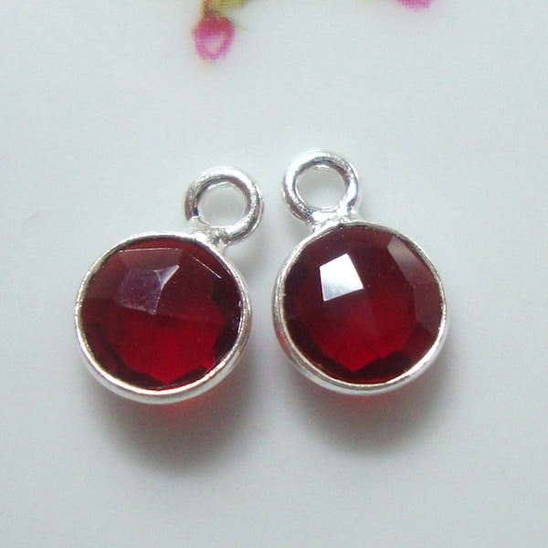 2 pcs, 10x7mm, 6mm stone, Handmade Garnet Quartz Sterling silver Bezel Rim Pendant Charm, January Birthstone, 01-garnet