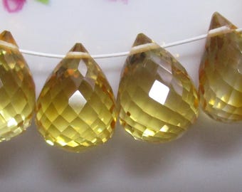 4 briolettes de citrino miel auténtico AAA microfacetado en forma de lágrima, 7,5-8 x 10-10,5 mm