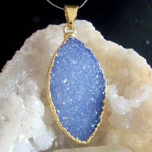 Denim Blue Agate Druzy Druzy Crystal 24k gold Electroplated Marquise Leaf Pendant, Natural Druzy crystal, m8P