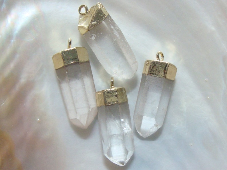 Raw Rock Crystal Point Pendant Natural Beautiful Crystal Gold Electroplated Pendant PC-0382