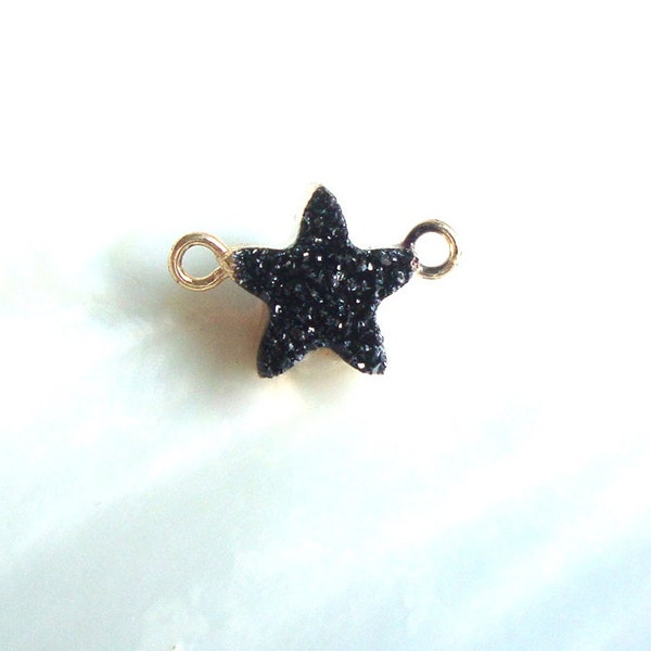 1 pc, 12mm Star, Gold Electroplated Titanium Black Agate Druzy Drusy Crystal Star Pendant Charm Connector, Twinkles in the Star, 12C