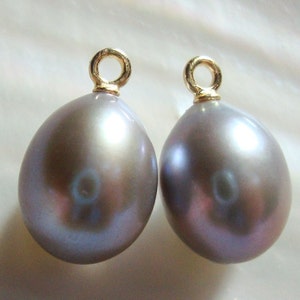 13-15x8-9mm, 2 pcs,Fresh Water Pearl Drop Pearl Dangles, Gray Pearl Pendant, 18K Gold Sterling Silver Cup and Peg, P-0133
