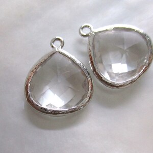 2 pcs, 18x15mm, Crystal Clear Heart Teardrop Pendant Charm Dangle, Short Cute, Faceted Glass Teardrop, Frame Glass Drop, Silver Rim, PC-0238