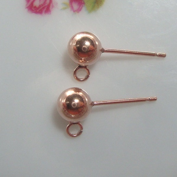 14K Rose Gold Filled  4mm Round Bead Ear Post, 2 pcs, Round Ball Ear Stud Post with open Loop, Ear Nuts included, EP-0147