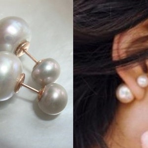 Compleanno di giugno, perla da 11-12 mm, orecchino a perno con perla naturale grigia reversibile a doppia faccia, orecchino dalla parte anteriore a quella posteriore in oro rosa, elegante e moderno