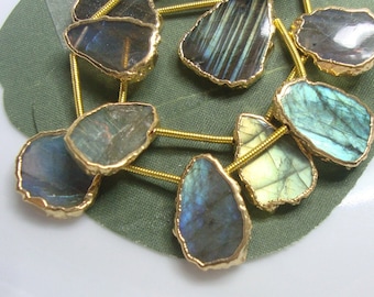 Full Strand, 10 pcs, Organic Raw Labradorite Gold Electroplated Smooth Top Drilled Slice Slab Pendant Connector, GS-0222-lab