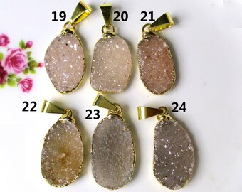 Natural Off White Agate Drusy Druzy Freeform Bail Gold Edged, Gold Electroplated Pendant, PC-0529