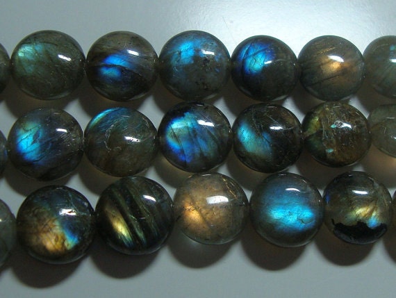 4" strand, 9 beads, 12 mm, Firey Blue Green Gold Flash Labradorite Smooth Coin Beads