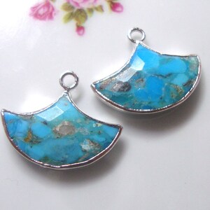 1-2 pcs, Organic Natural Turquoise Silver Electroplated Artsy Fan Pendant Earring Finding, December Birthstone, GS-0002-T image 2