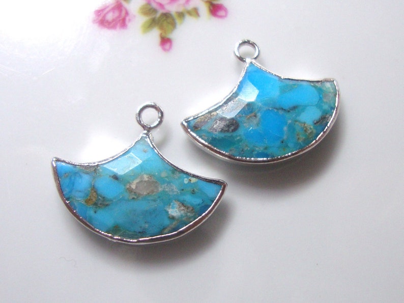 1-2 pcs, Organic Natural Turquoise Silver Electroplated Artsy Fan Pendant Earring Finding, December Birthstone, GS-0002-T image 2