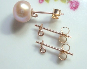 10 pcs, Rose Gold Plate Sterling Silver 3mm Pearl Cup and Peg Ear Post with Open Loop, Ear Nuts included,EP-0036