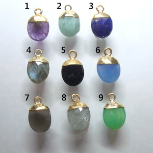 2 Pieces, Small Faceted Gemstone Oval Drop Gold Charm, Moonstone, Snow Pea, Turquoise Sunstone Opal Crystal Raw Emerald Rose Quartz, PC-0344