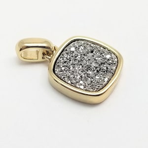 1 pc, 13x11x3mm Titanium Mercury Silver Natural Drusy Druzy Square Pendant Charm Set in Gold Plate Tray, PC-0337