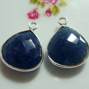 2 pcs, 14x17mm, Blue Sapphire Heart Drop Sterling Silver Pendant,Faceted Dyed Blue Sapphire Bezel Rim Pendant Finding, September Birthstone