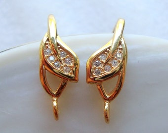 18K Gold on 925 Sterling Silver Tiny Leaf  White Diamond CZ Ear wire with closed loop, 2 pairs, 18x10x6mm, EW-0023