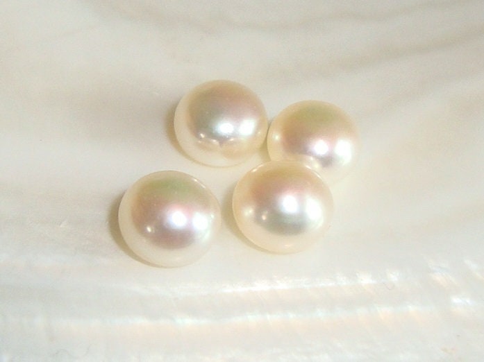 5-5.5mm, 2 pairs, AAA Lustrous Fresh Water Pearl, Half Drilled Button Pearl, Glowing Cremy White Mushroom Pearl, Rainbow Hue, Match Pair