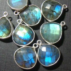 Lot of 3 pcs, 14x17mm, Labradorite Sterling Silver Bezel Rim Blue Green Gold Flash Heart Pendant Charm Findings, Earring Findings, LAB
