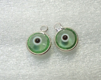 Evil Eye Charm -  2pcs, 9mm sterling Silver Bezel Green Color Quality Czeh Glass Bead