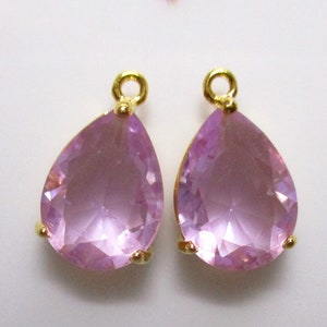 2 pc, 15x9mm, Violet Purple Teardrop Faceted Glass Pendant Charm Dangle, Prong Set Crystal Glass, Add on Jewelry, Gold Rim, PC-0241