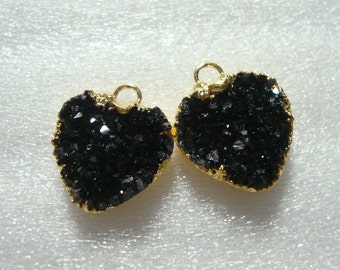 Druzy Drusy Heart Pendant 24K Gold Edged, Beautiful Black Druzy Heart Pair,earring Findings,12mm, o11-blk