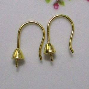 2 pcs, 19x12mm, 18K Gold Plate Sterling Silver Earrings Findings, French Hook Cone Bead Cap Peg for Half Drilled Beads and Pearls, EW-0166 image 5