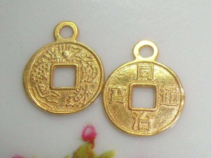 2 pcs, Gold Vermeil over Sterling Silver Chinese Ancient Coin Charm, PC-0159