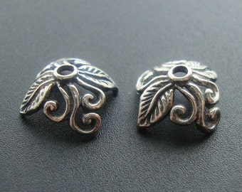 2 piezas, 4,5 x 8,5 mm, tapas para cuentas con forma de hoja en espiral de plata de ley oxidada, BC-0003