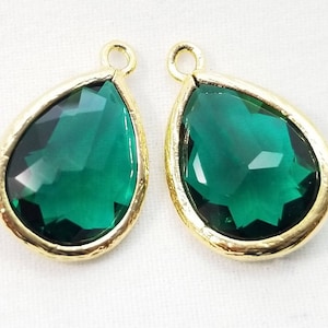 2 pcs, 16x11mm, Emerald Green Teardrop Pendant Charm Dangle, Faceted Glass Teardrop, Frame Glass Drop, Gold Rim, PC-0232
