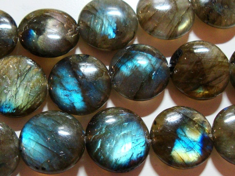 AAA+ 16mm Firey Blue Green Gold Flash Labradorite Smooth Coin Beads