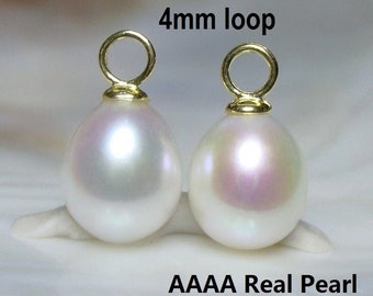 One Pair, Real Pearl Hooplets, Freshwater Pearl Creamy White AAAA 9-10x8-8.5mm Drop Pearl, 12-14x8-8.5mm Pearl Dangle, 4MM Loop for Hoops