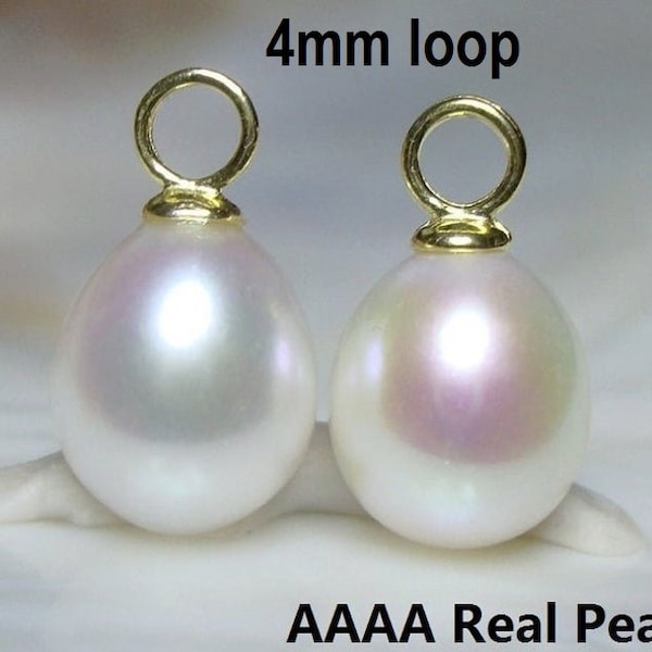 Une paire, cerceaux de perles véritables, perle d'eau douce blanc crémeux AAAA 9-10x8-8.5mm Drop Pearl, 12-14x8-8.5mm Pearl Dangle, 4MM Loop for Hoops