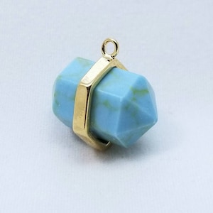 2 Pcs, 14x14mm - Handmade Hexagon Prism Blue Turquoise Gold Charm Pendant, Sleeping Beauty Color - PC-0210