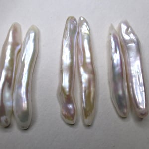 2 pcs, 35-40x5-7mm, Long Stick Skinny Biwa Fresh Water Pearl, Creamy White, Drilled Top Side to Side, P-0161