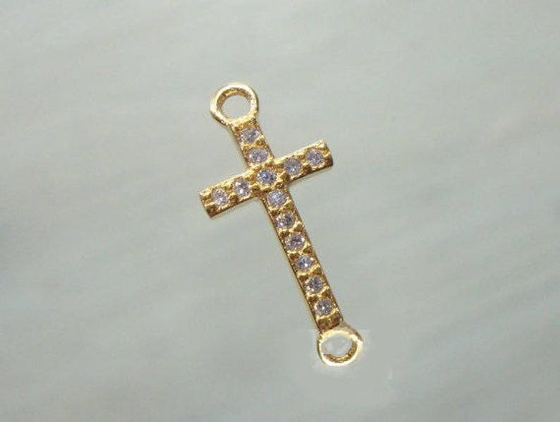 Sideway Cross 18K Gold over 925 Sterling Silver Diamond CZ Small Cross Connector Link 1 pc CC-0127 18x8mm