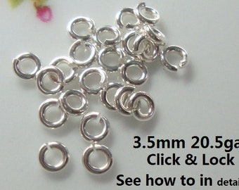 50-200 pcs, 3.5mm, 20.5ga gauge, 925 Sterling Silver strong click and lock open jump rings