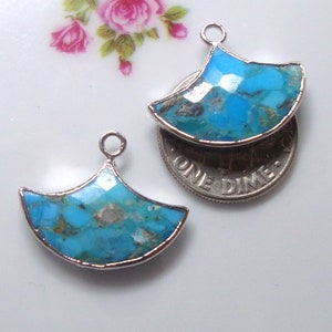 1-2 pcs, Organic Natural Turquoise Silver Electroplated Artsy Fan Pendant Earring Finding, December Birthstone, GS-0002-T image 4