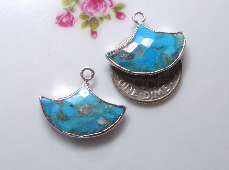 1-2 pcs, Organic Natural Turquoise Silver Electroplated Artsy Fan Pendant Earring Finding, December Birthstone, GS-0002-T image 4