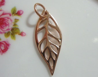 18K Rose Gold over Sterling Silver Open Work Leaf Pendant Charm with Bail, 24x10mm, 1 pc, PC-0014