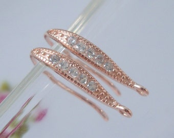 1 pair,  18x10mm, Rose Gold 925 Sterling Silver French Ear wire with CZ, Rose Gold plated, Earring Findings, EW-0054