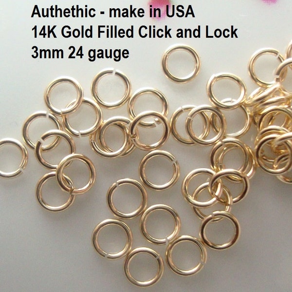 20-100 pcs, 3mm, 24ga gauge, 14K Gold Filled click and lock open jump rings