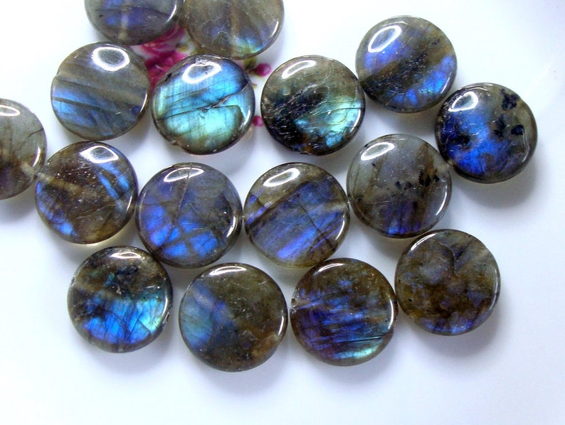 AAA+ 16mm Firey Blue Green Gold Flash Labradorite Smooth Coin Beads