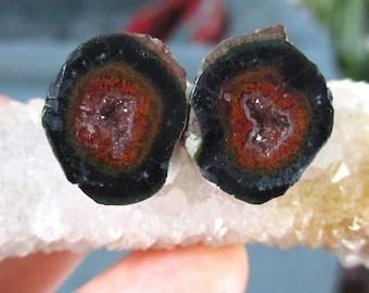 Natürliche Mexikanische Tobasco Achat Halbgeode, Geode Hälften Paar, Kann als Ohrstecker verarbeitet werden, 13x16mm, GS-0606-2