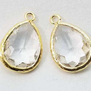 2 pcs, 16x11mm, Crystal Clear Teardrop Pendant Charm Dangle, Faceted Glass Teardrop, Frame Glass Drop, Gold Rim, PC-0232