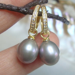 Small Huggie Hoop Micro Pave Diamond CZ Earrings, Huggie Hoop Pearl Dangle Earrings, 2 in One