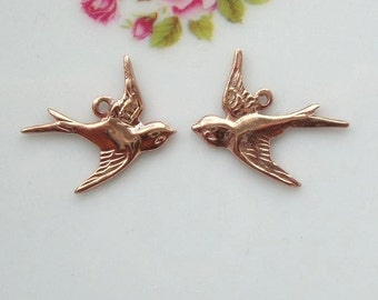 2-20 pcs, Rose Gold over 925 Sterling Silver Victorian style Swallow, flying left sparrow, bird Charms, PC-0476