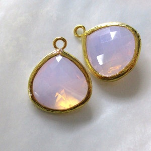 2 pcs, 18x15mm, Opalite Purple heart Teardrop Pendant Charm Dangle, Cute, Faceted Glass Teardrop, Frame Glass Drop, Gold Rim, PC-0238