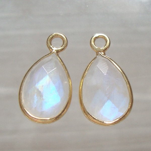 2 pcs, 14x8mm, Handmade Natural Moonstone Gold Vermeil Sterling Silver Bezel Rim Teardrop Pendant Charm Finding