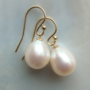 9-10mm Huge Natural Real Pearl, 14K Gold Lustrous Creamy White Teardrop Pearl Dangle Earring, Best Gift, Gift for Mother, Gift for Her