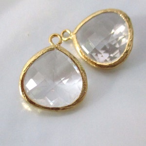 2 pcs, 18x15mm, Crystal Clear Heart Teardrop Pendant Charm Dangle, Cute, Faceted Glass Teardrop, Frame Glass Drop, Gold Rim, PC-0238